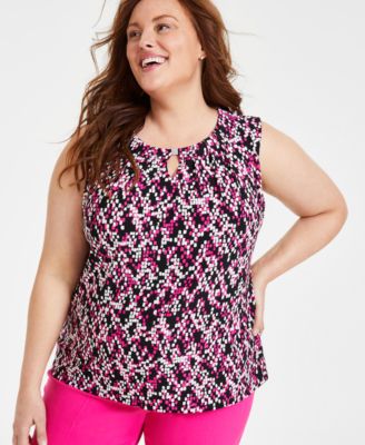Kasper - Plus Size Printed Keyhole Sleeveless Top