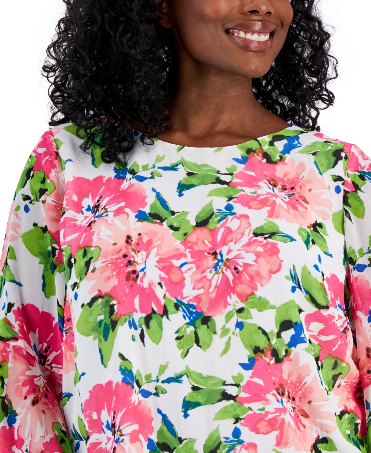 Shop Kasper Plus Size Floral Ruffled-cuff 3/4-sleeve Top, Created For Macy's In Vanilla Ice,pink Perfection