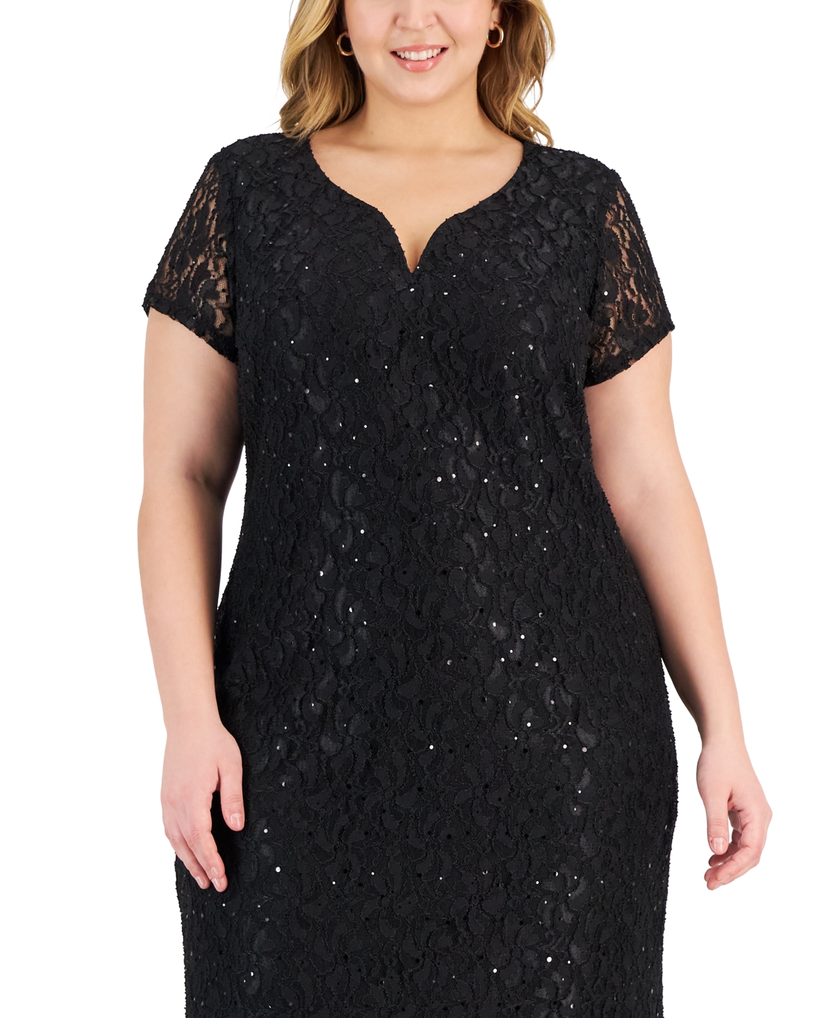 Connected Plus Size Sequin-Lace V-Wire Maxi Dress