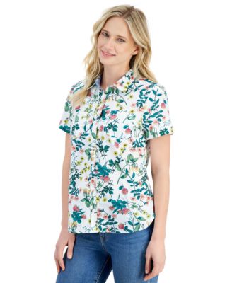 Women's Floral-Print Short-Sleeve Cotton Camp Shirt