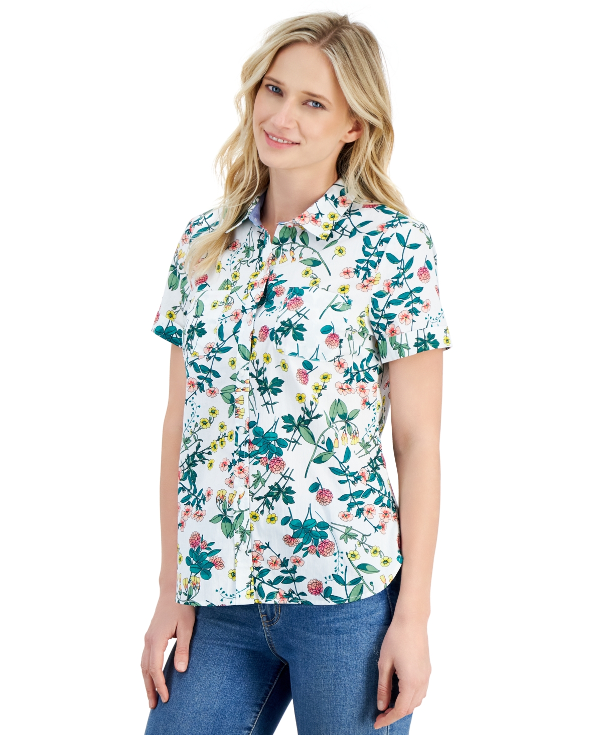 Women's Floral-Print Short-Sleeve Cotton Camp Shirt - Bright White Multi