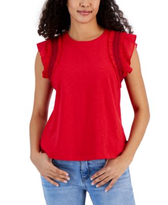 Nautica Women's Cotton Round-Neck Ruffle Sleeve Top - Macy's