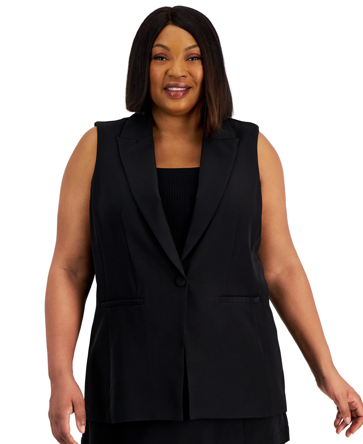 Bar Iii Trendy Plus Size Single-breasted Vest, Created For Macy's In Deep Black