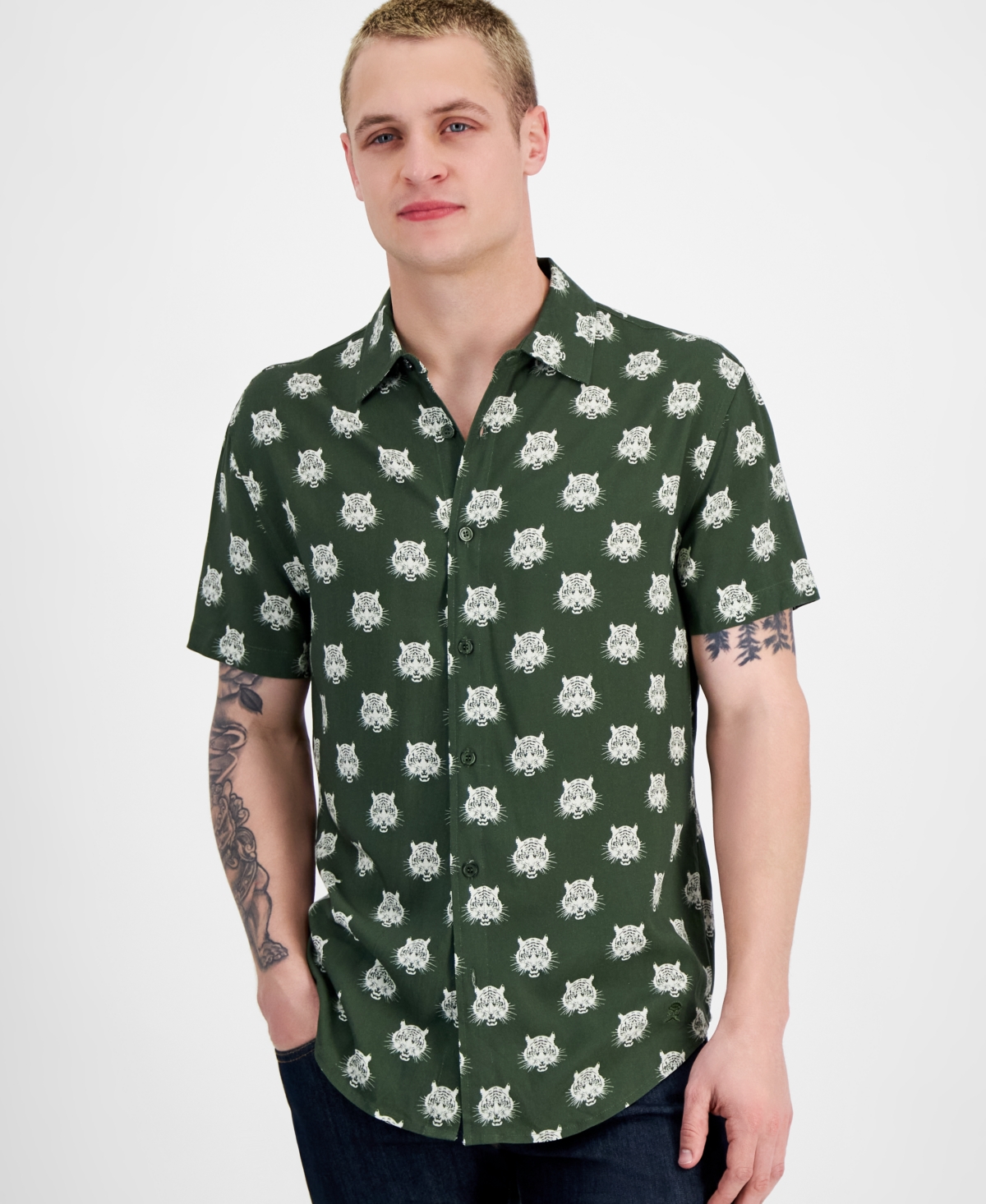 Men's Roaring Tiger Regular-Fit Printed Button-Down Shirt - Olive Combo