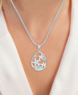 Larimar & Cubic Zirconia Starfish Adjustable 22" Pendant Necklace in Sterling Silver