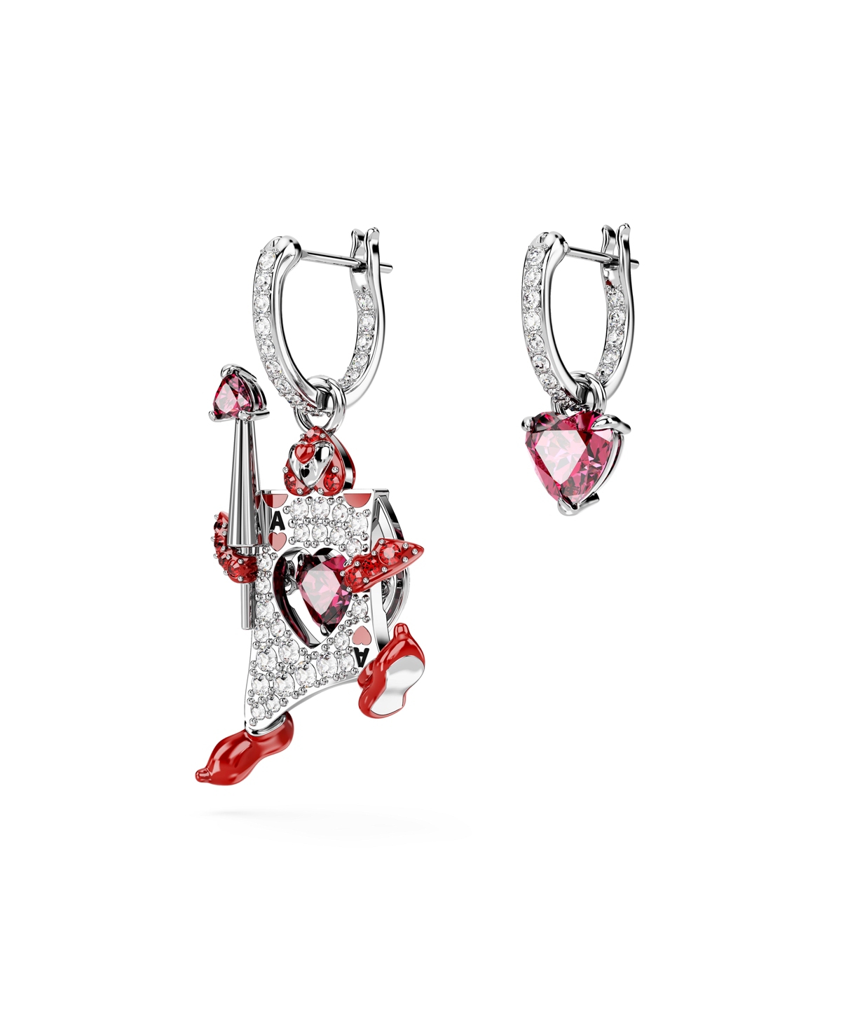 Swarovski Asymmetrical Design, Playing Card, Red, Rhodium Plated Alice In Wonderland Drop Earrings