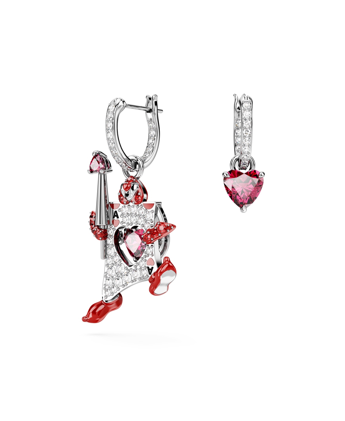 Swarovski Asymmetrical Design, Playing Card, Red, Rhodium Plated Alice In Wonderland Drop Earrings In Multicolored