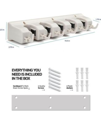 Mop And Broom Holder - Garage Storage Systems with 5 Slots, 6 Hooks, 7.5lbs Capacity Per Slot - Garden Tool Organizer For 11 Tools - For Home, Kitchen, Closet, Laundry Room - Off-White