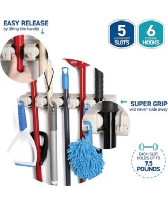 Mop And Broom Holder - Garage Storage Systems with 5 Slots, 6 Hooks, 7.5lbs Capacity Per Slot - Garden Tool Organizer For 11 Tools - For Home, Kitchen, Closet, Laundry Room - Off-White