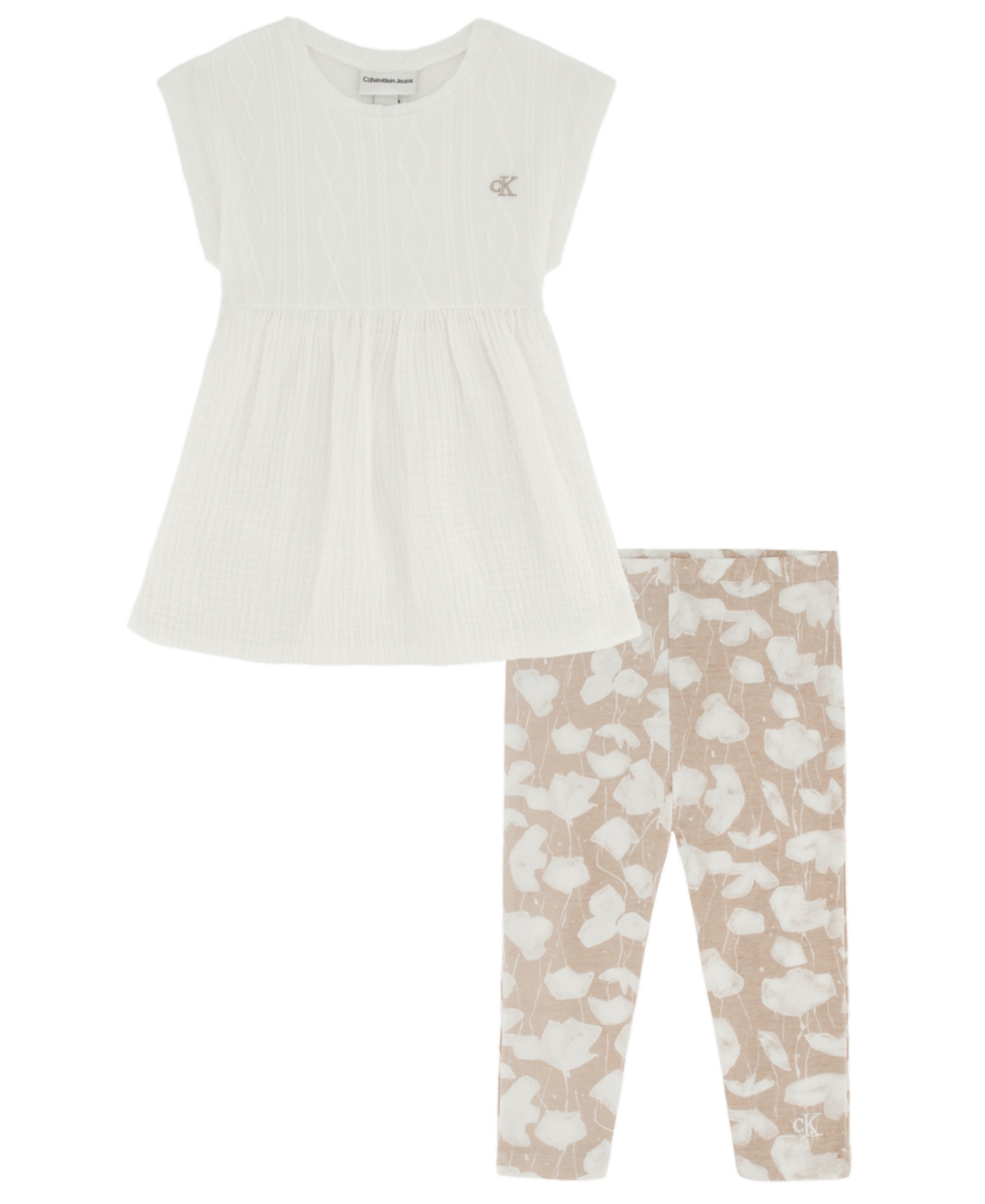 Shop Calvin Klein Toddler Girls Sweater And Gauze Tunic Top With Printed Stretch Leggings, 2 Piece Set In Cream