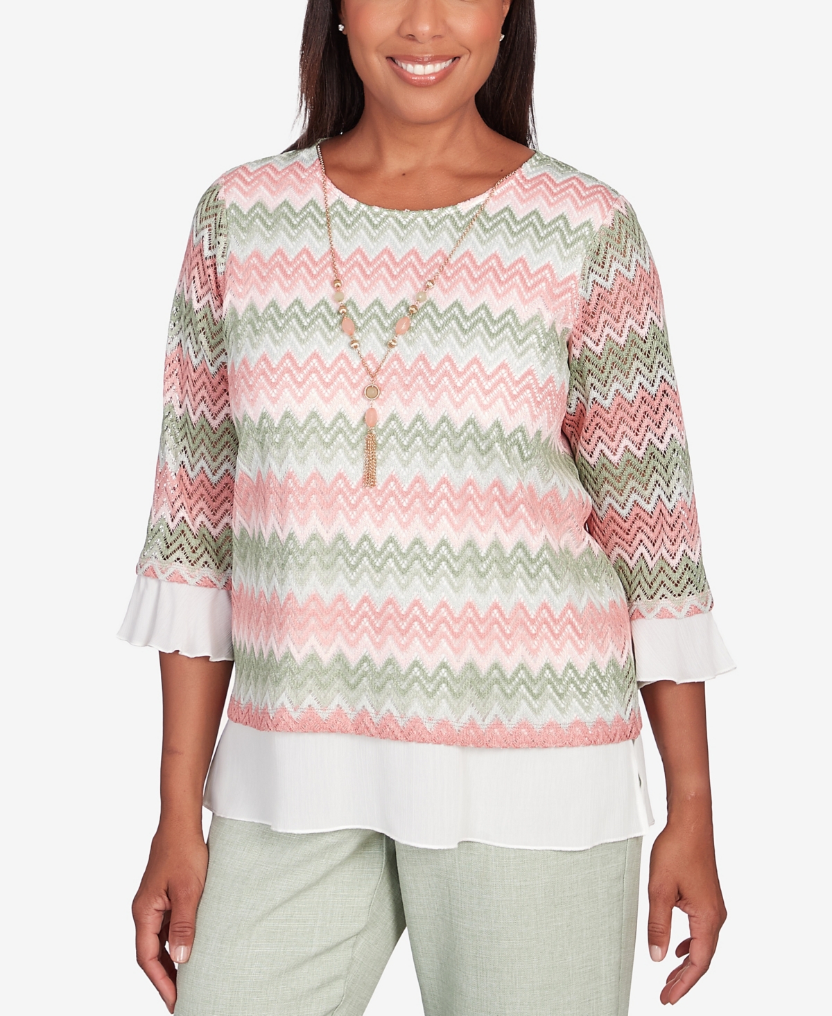 Alfred Dunner Women's English Garden Zig Zag Texture Top with Necklace