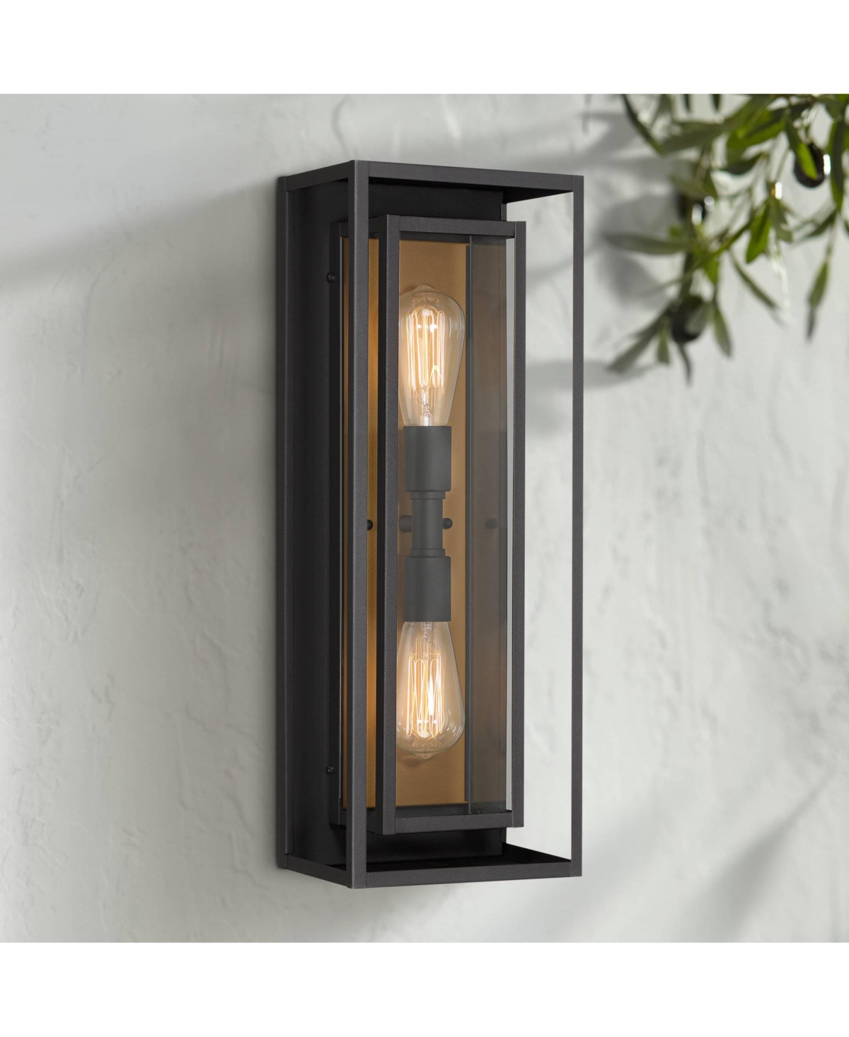 Metropolis Mid Century Modern Outdoor Wall Light Fixture Textured Black Soft Gold 22" Clear Glass Panels for Exterior House Porch Patio Outside Deck G