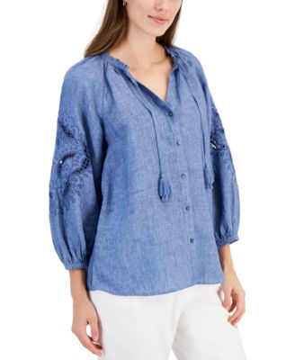 Charter Club Women s 100 Linen Delave Eyelet Top Created for Macy s Macy s