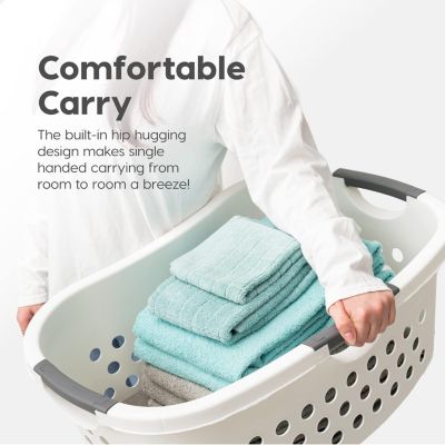 USA 50L Plastic Hip Hold Laundry Basket Hamper Organizer with Built-In Comfort Carry Handles, 1.5 Bushel, for Closet, Dorm, Laundry Room, Bedroom, Nestable, Ventilation Hole, Large, White
