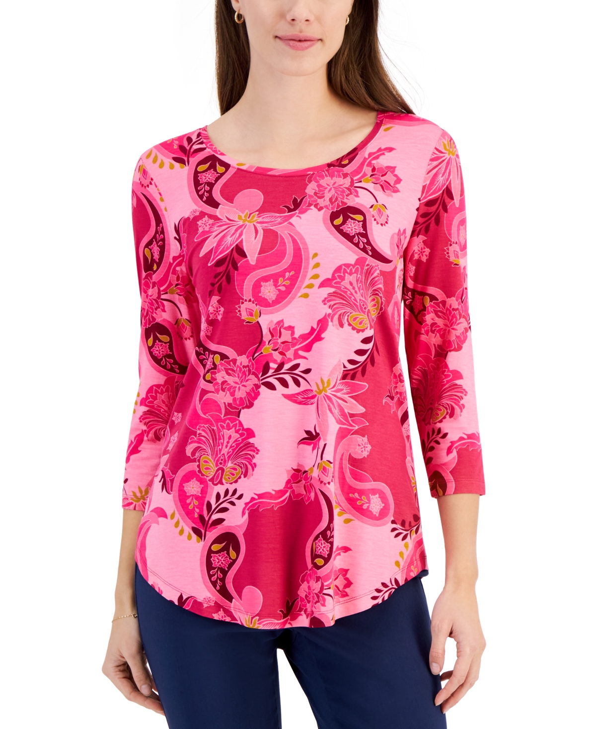 Women's 3/4 Sleeve Printed Top, Created for Macy's - Claret Rose Combo