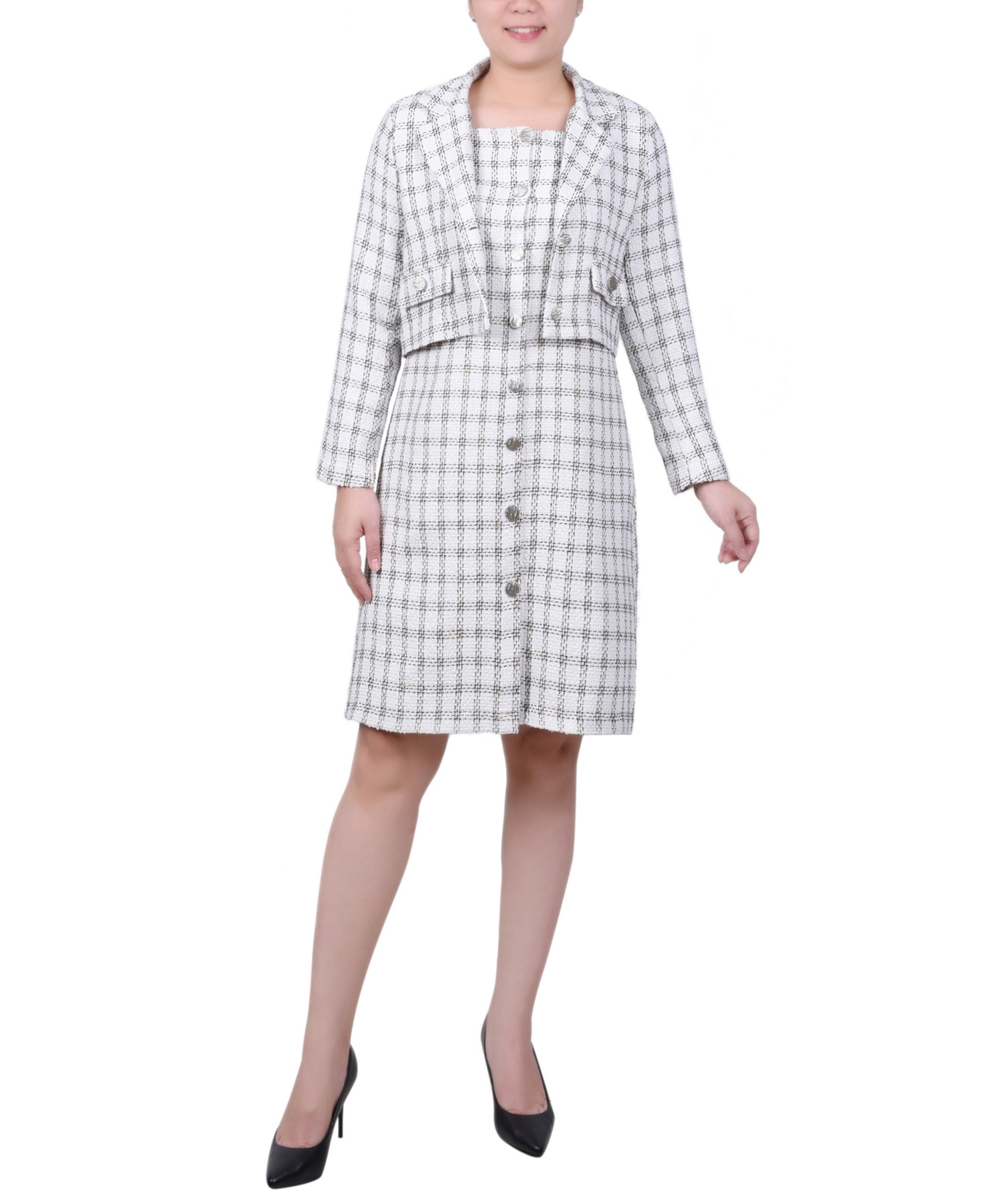 Women's Long Sleeve Tweed Dress Set, 2-Pc. - Ivory Black Gold