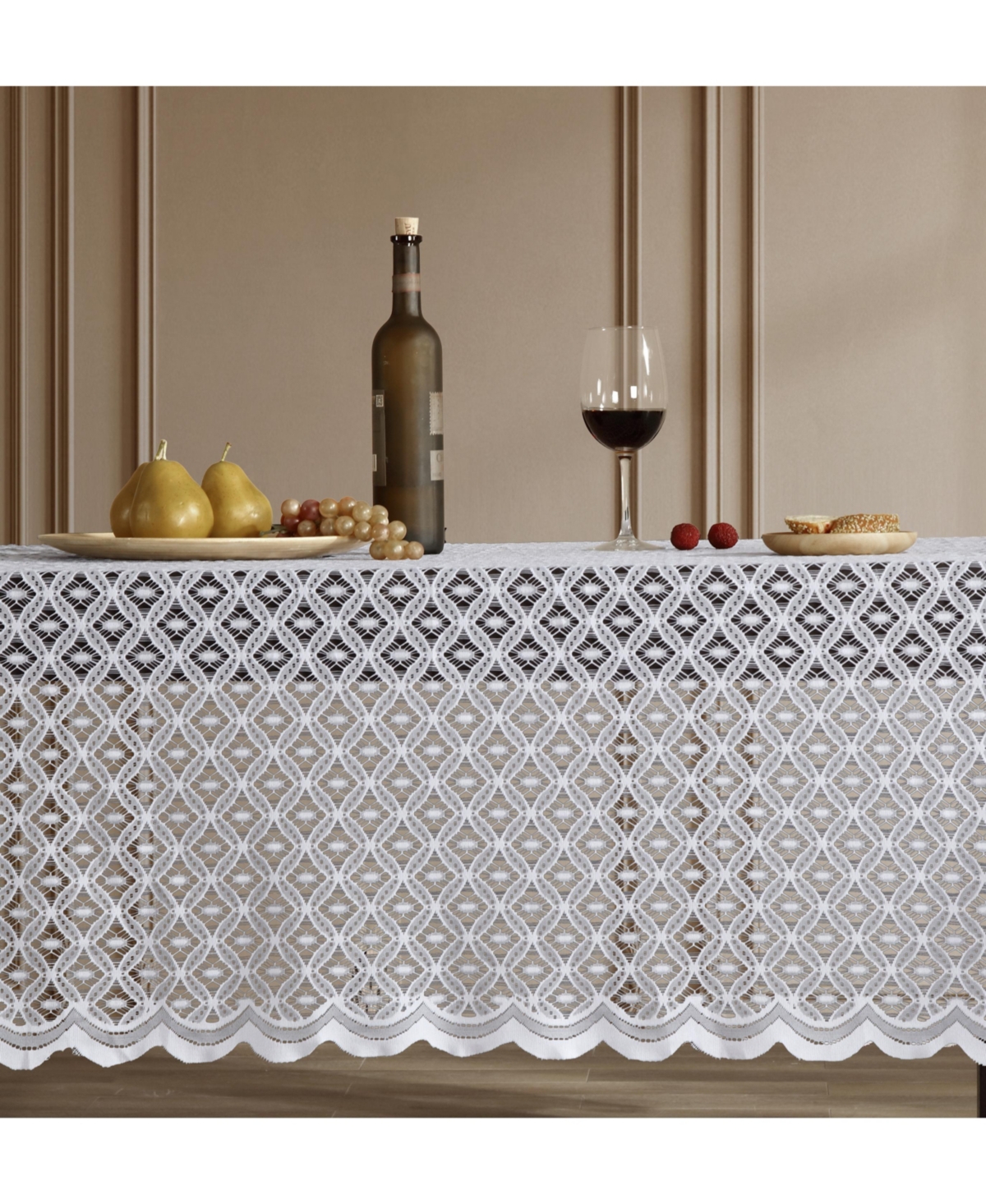 Alona Lace Fabric Table Cloth for Rectangle Tables, Wrinkle Resistant Tablecloth, Patterned Scalloped - White