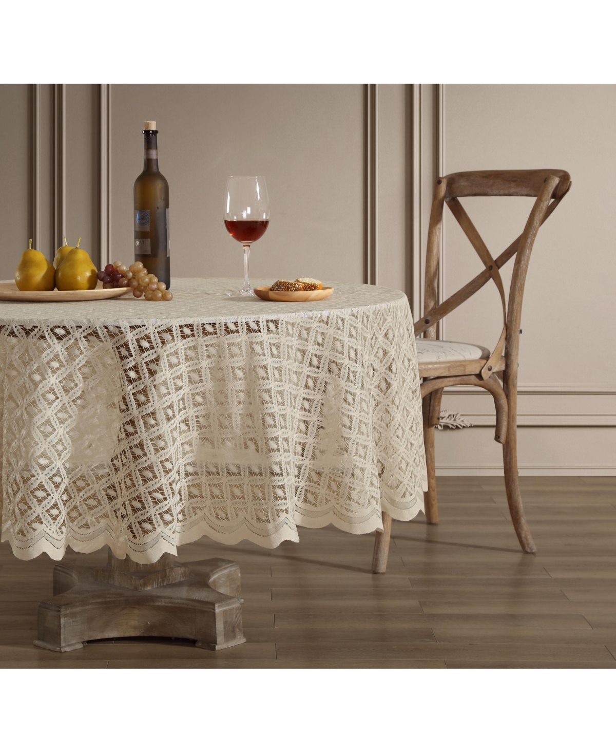 Alona Lace Fabric Table Cloth for Round Tables, Wrinkle Resistant Tablecloth, Patterned Scalloped - Linen taupe