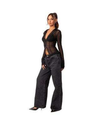 Women's Lace up sheer mesh top