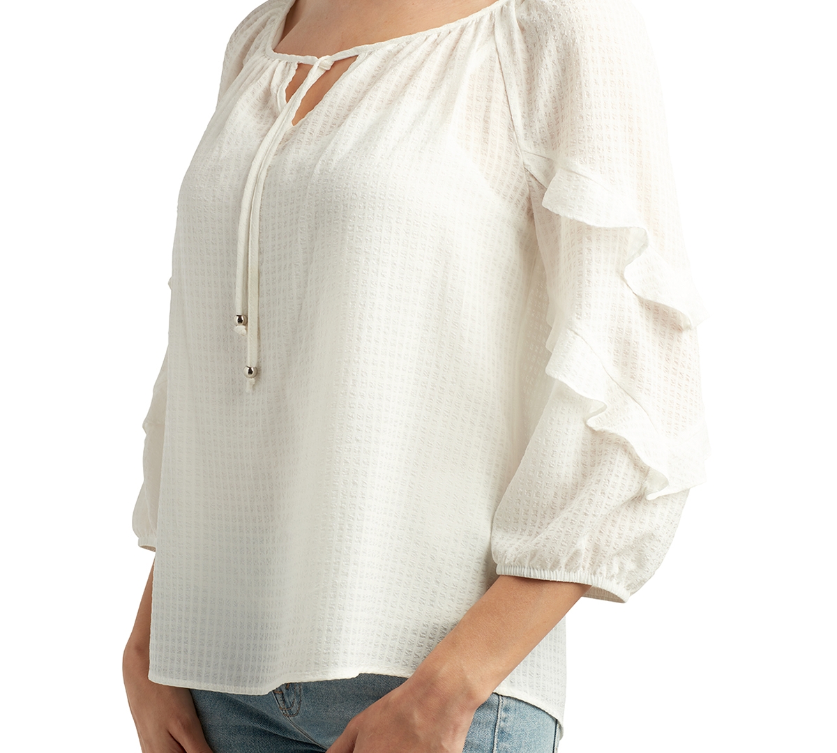Shop Bcx Juniors' Tie-neck Ruffle-sleeve Peasant Blouse In Off White