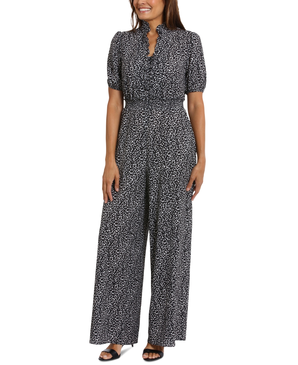 Plus Size Puff-Sleeve Printed Jumpsuit - Blk/ivory