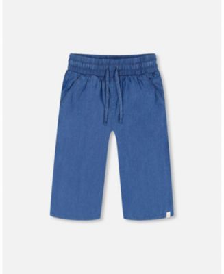 Girls Cotton Blue Washed Wide Leg Capri