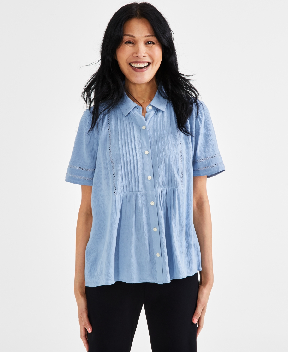 Shop Style & Co Petite Pintuck Short-sleeve Button-front Shirt, Created For Macy's In Blue Fog