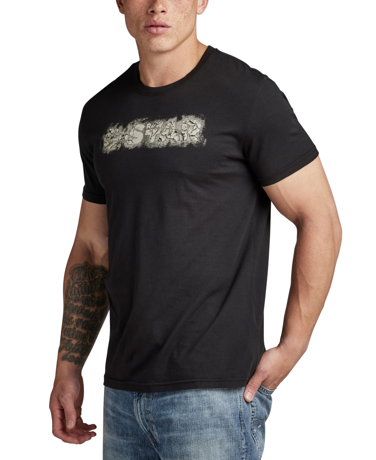 Men's Short Sleeve Crewneck Distressed Logo T-Shirt - Dk Black
