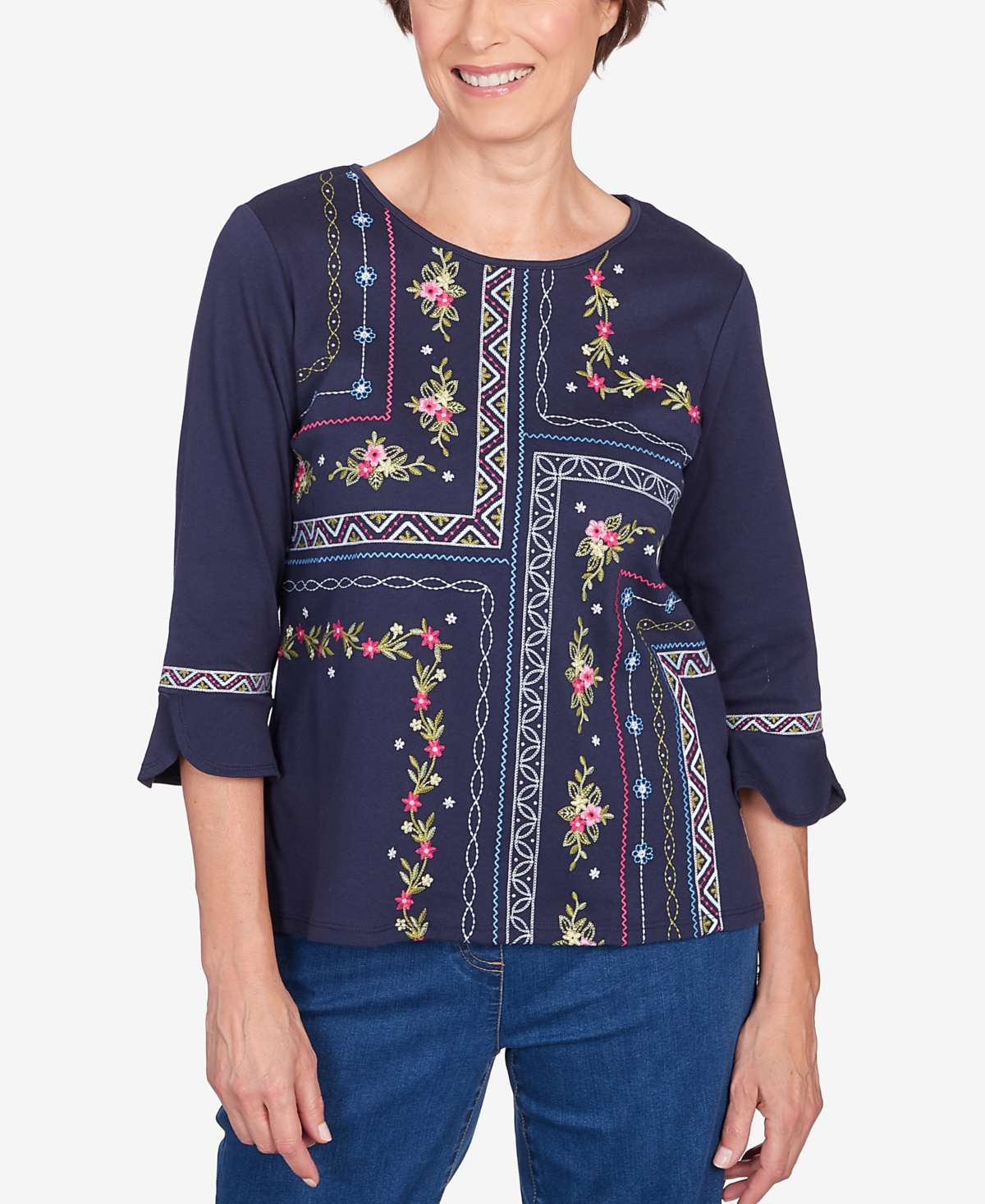 Petite in Full Bloom Flower Embroidery Quad Top - Navy