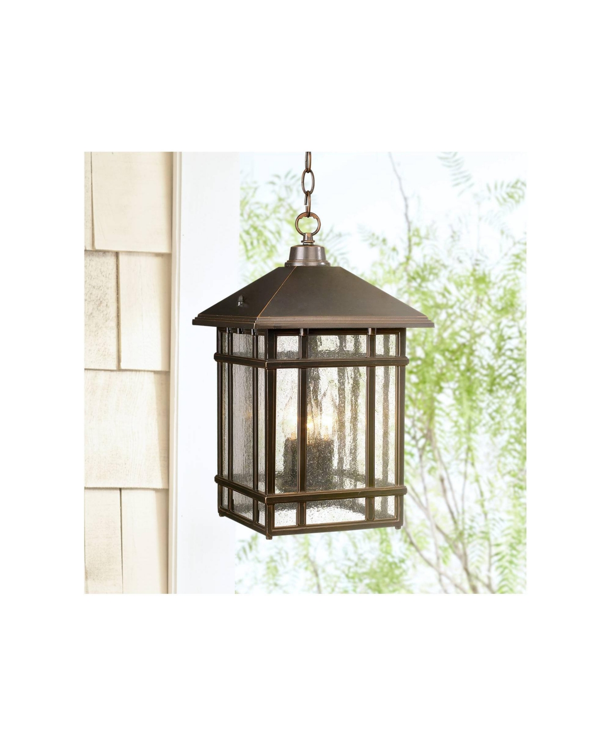 Jardin du Jour Sierra Craftsman Art Deco Outdoor Hanging Ceiling Light Rubbed Bronze 16 1/2" Frosted Seeded Glass Panels Damp Rated for