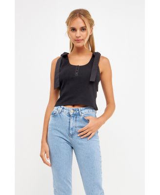 Women's Mixed Media Bow Tie Ribbed Henley Top