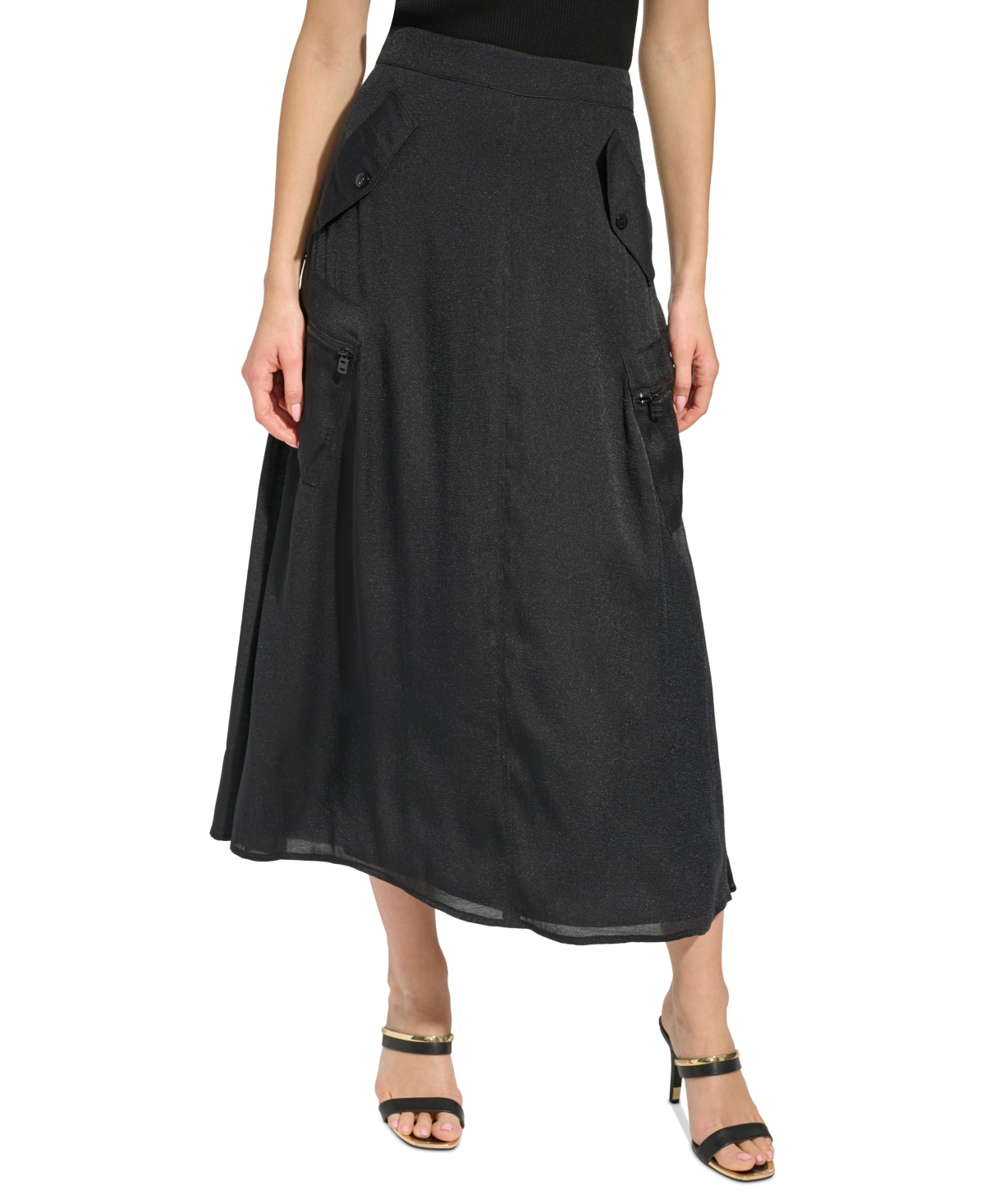 Women's Drapey Organza A-Line Cargo Midi Skirt - Black