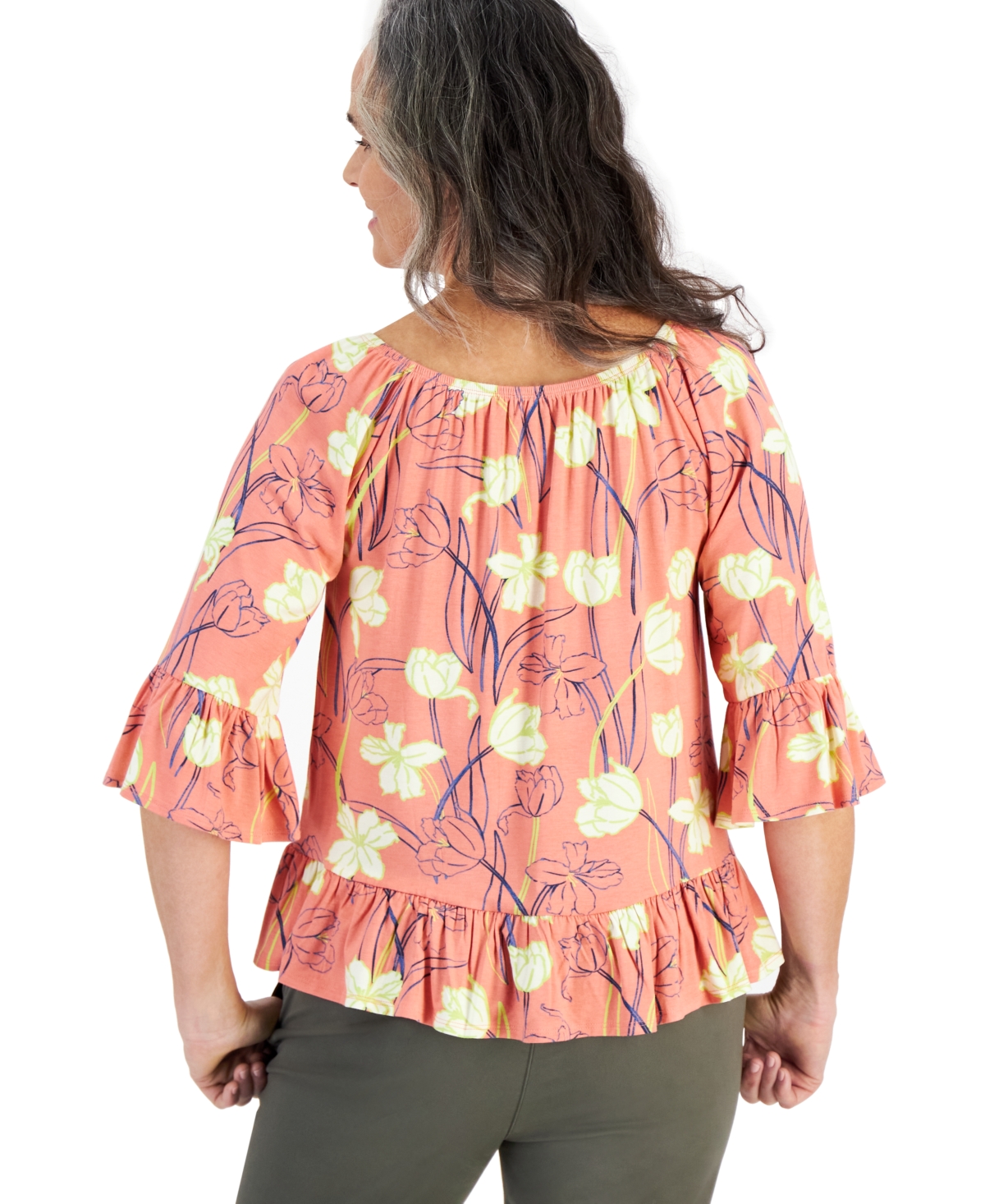Style & Co Women's Printed On-Off Ruffle Sleeve Top, Created for Macy's