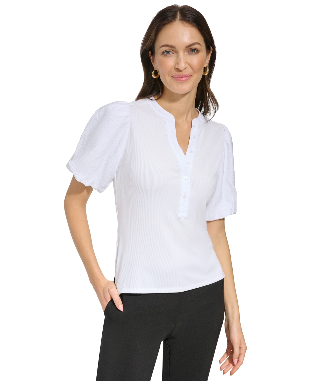 Shop Dkny Women's Puff-sleeve Ribbed Henley Shirt In White