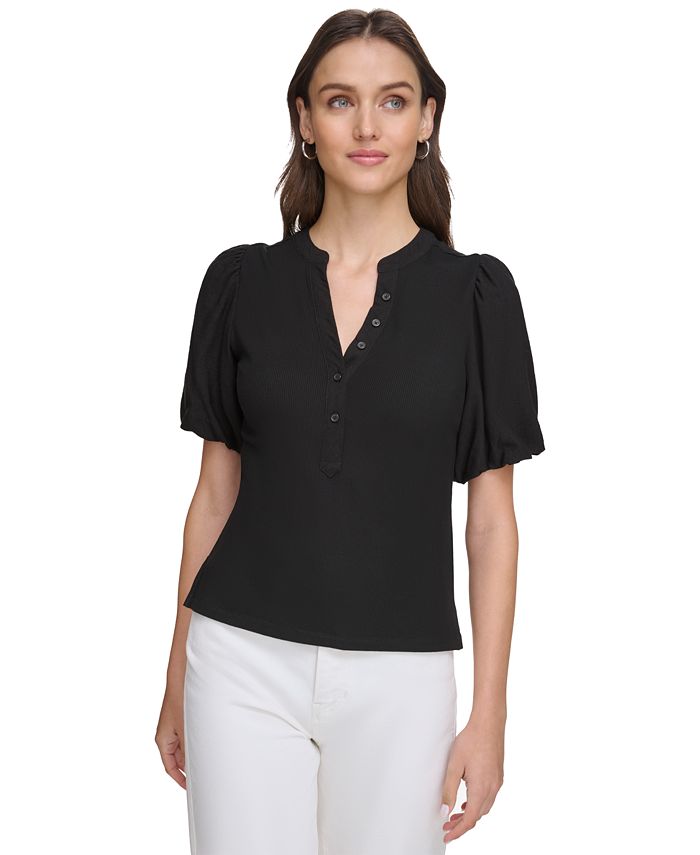 DKNY Women's Puff-Sleeve Ribbed Henley Shirt - Macy's