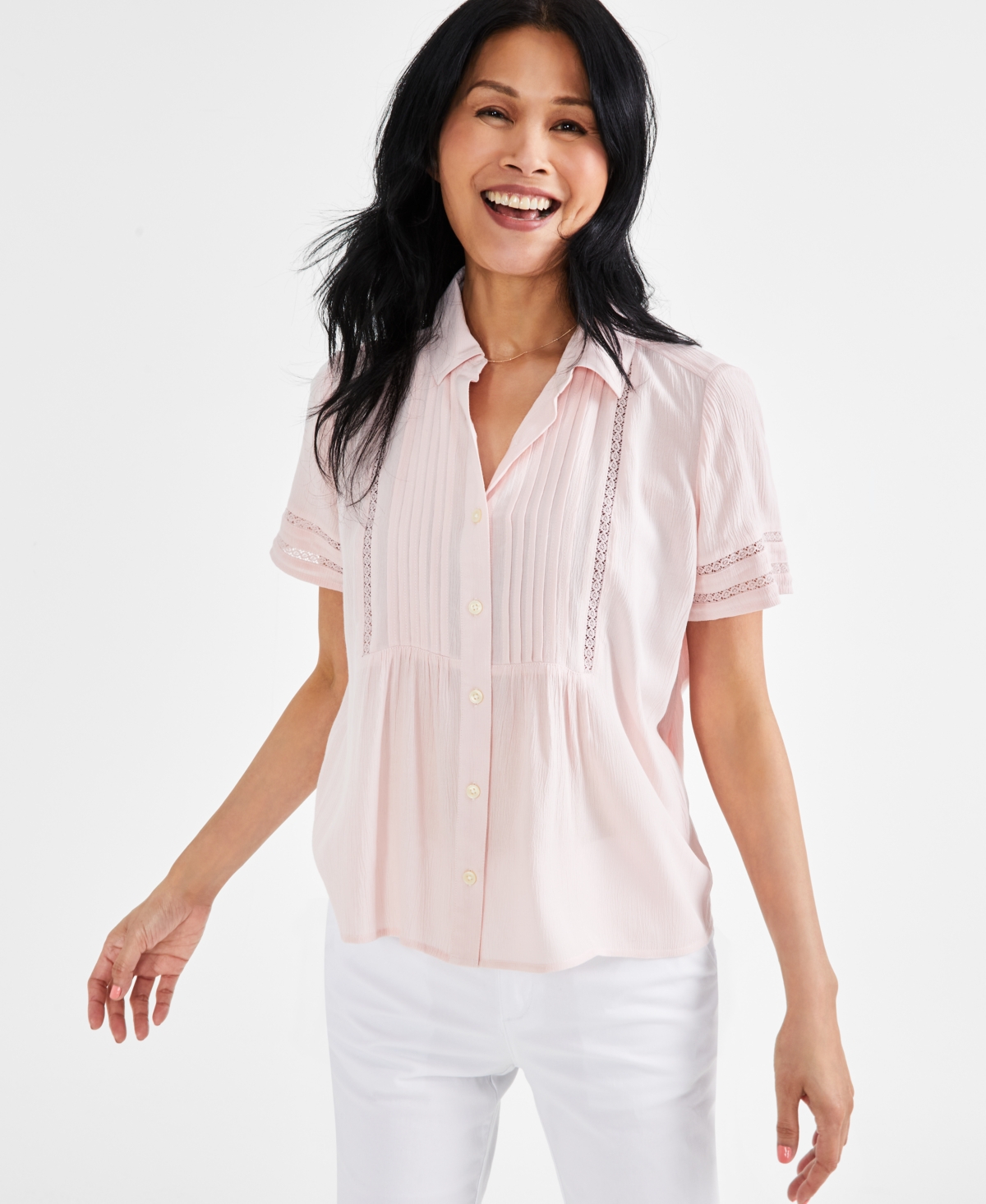Shop Style & Co Petite Pintuck Short-sleeve Button-front Shirt, Created For Macy's In Lotus Pink