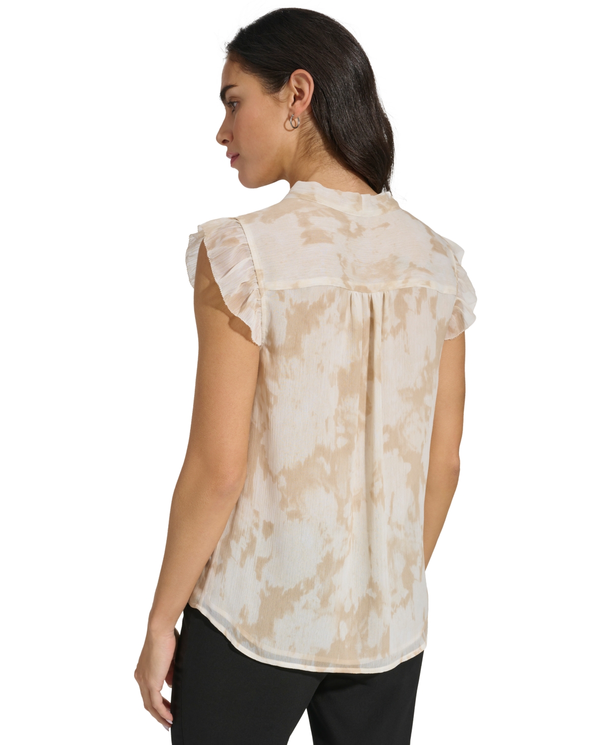 Calvin Klein Women's Printed Cap-Sleeve Tie-Neck Top -Cream