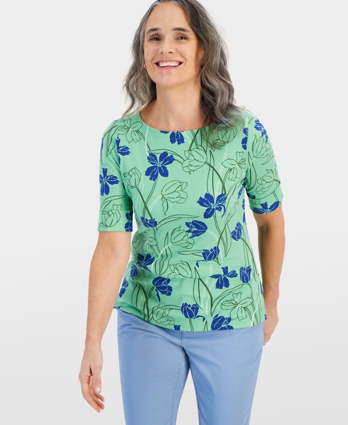 Shop Style & Co Women's Printed Boat-neck Elbow-sleeve Top, Created For Macy's In Tulip Green