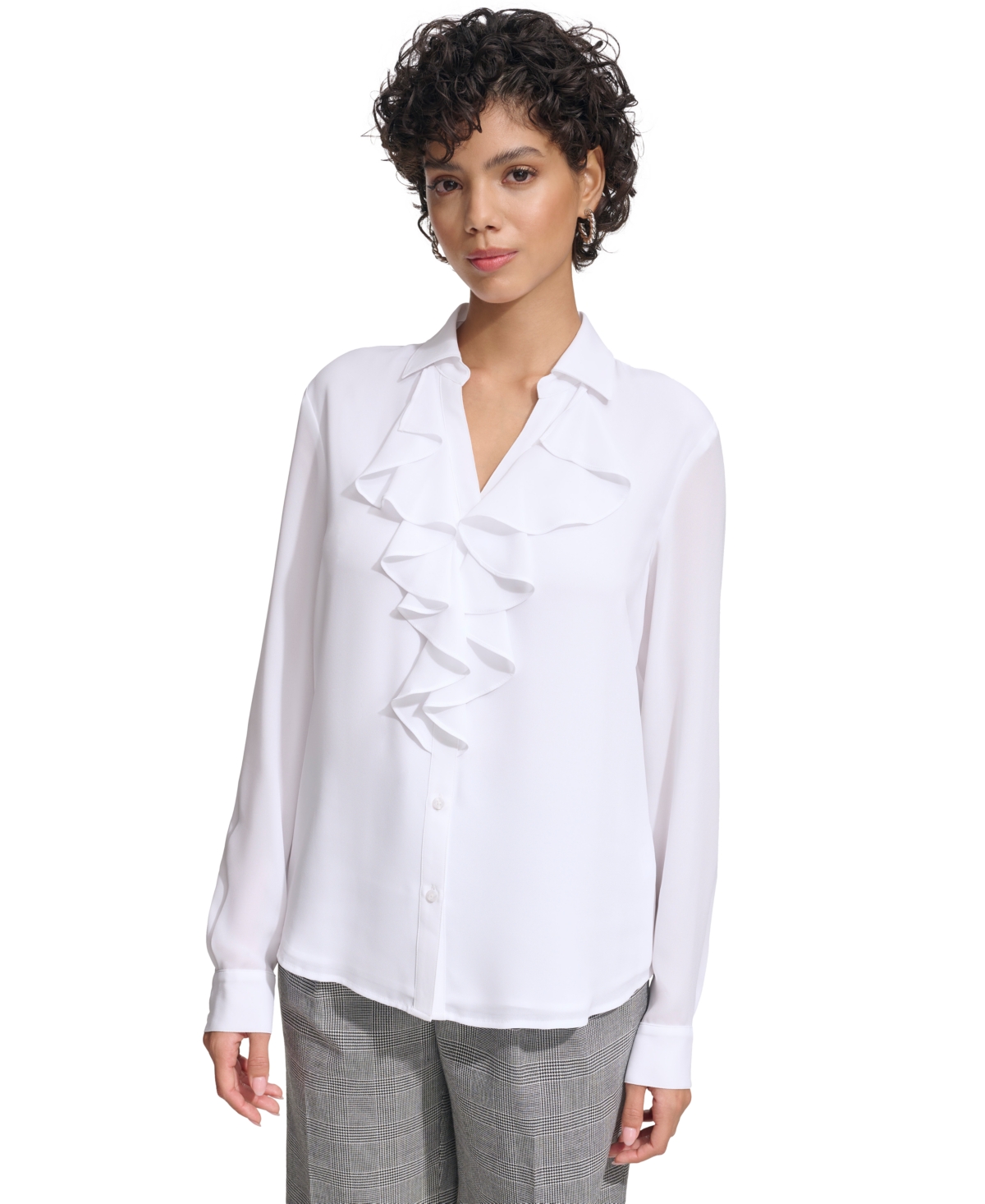 Shop Calvin Klein Women's Ruffle-front Long-sleeve Shirt In White