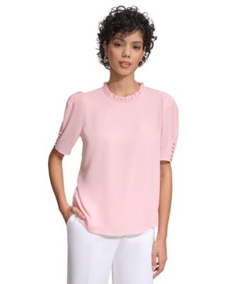 Calvin Klein - Women's Pleated Collar Puff-Sleeve Top