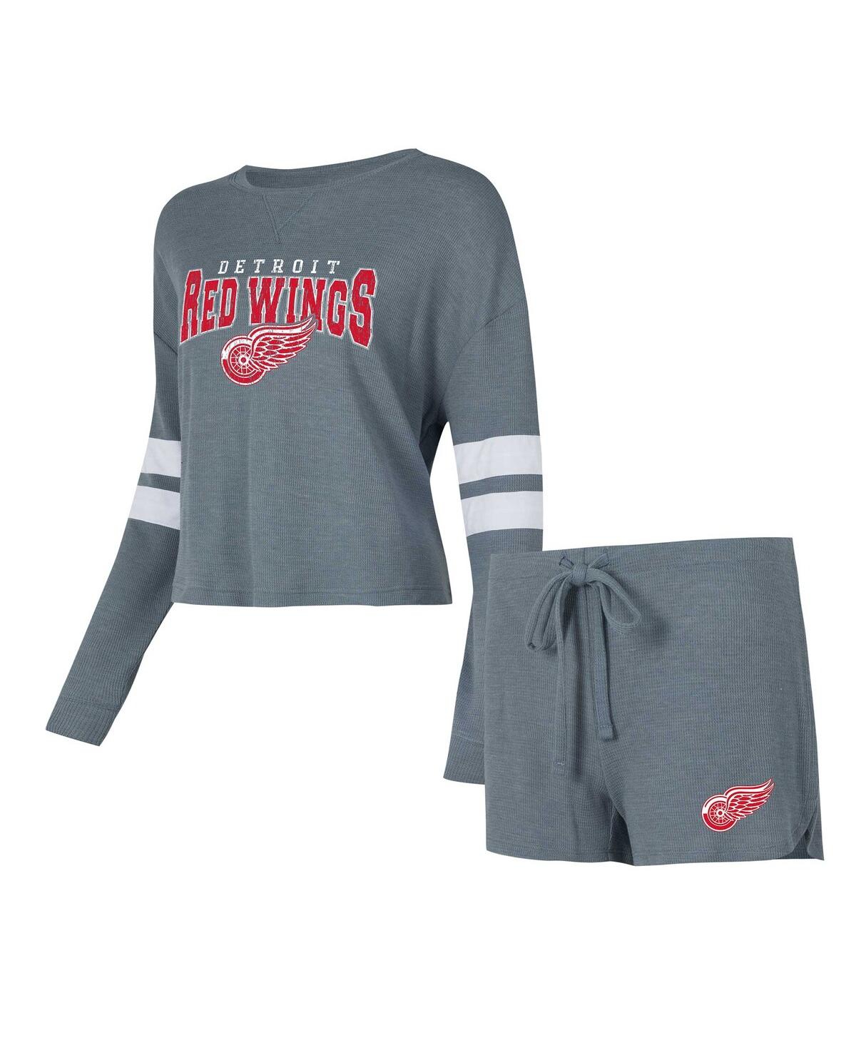 Shop Concepts Sport Women's  Gray Distressed Detroit Red Wings Meadowâ Long Sleeve T-shirt And Shorts Slee