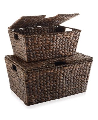 Set of 2 Water Hyacinth Storage Baskets (Medium/Large),  Multipurpose Organizer Totes with Tapered Bottoms and Removable Lids