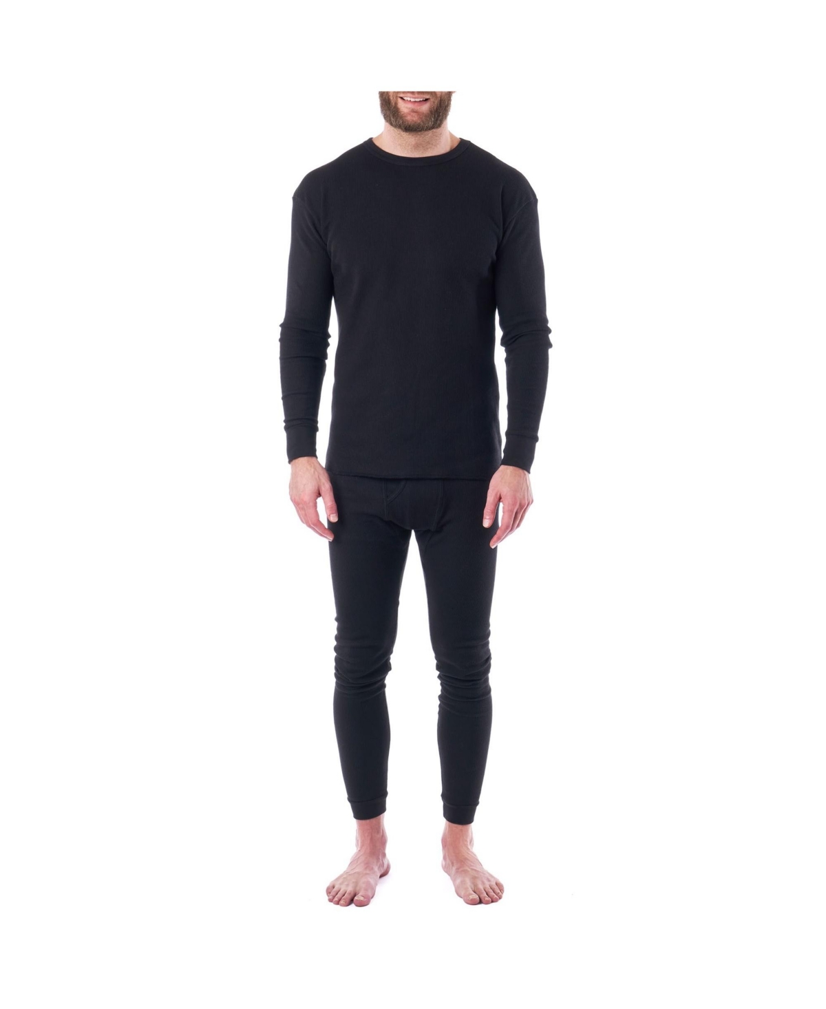 Men's 2 Pc Thermal Long John Underwear Set Waffle Knit Top & Bottom - black set