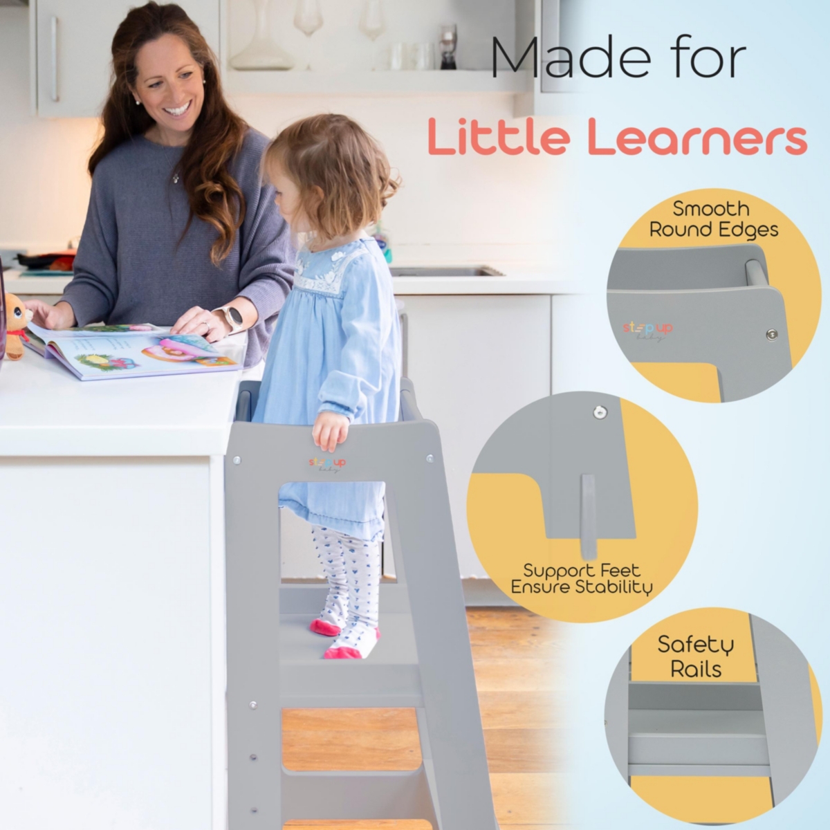 Stepup Baby Toddler Tower with Adjustable Step, White Montessori-Inspired Step Stool, Standing for Kids, Fits Under Kitchen Counters, Ad