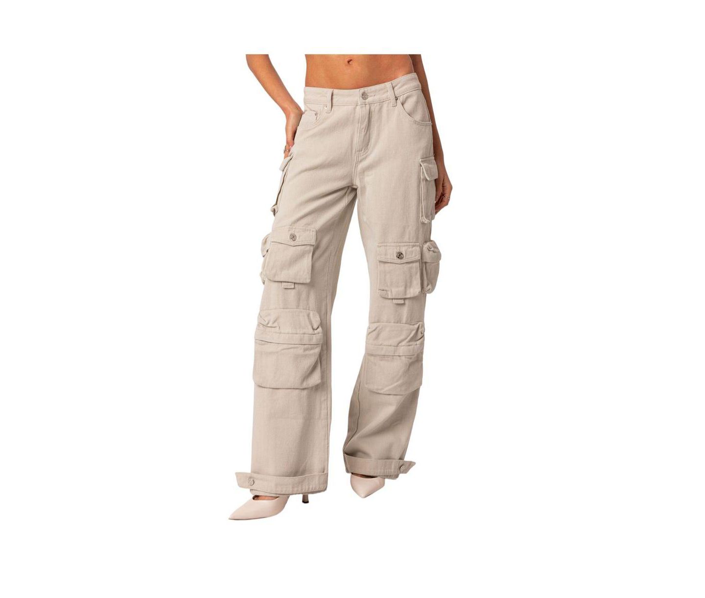 Женские джинсы Edikted Oversize Boyfriend Cargo Jeans with Pockets, цвет: Серо-бежевый — фото 1