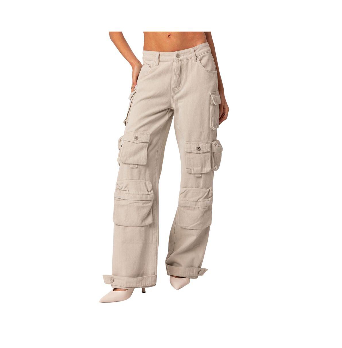 Women's Oversize Boyfriend Cargo Jeans With Pockets - Stone