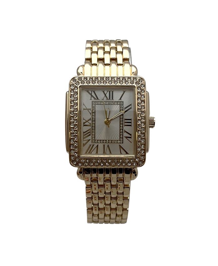 Olivia Pratt Gold Square and Rhinestones Metal Band Women Watch