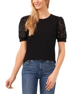 CeCe - Women's Crochet Puff-Sleeve Mix-Media Knit Top