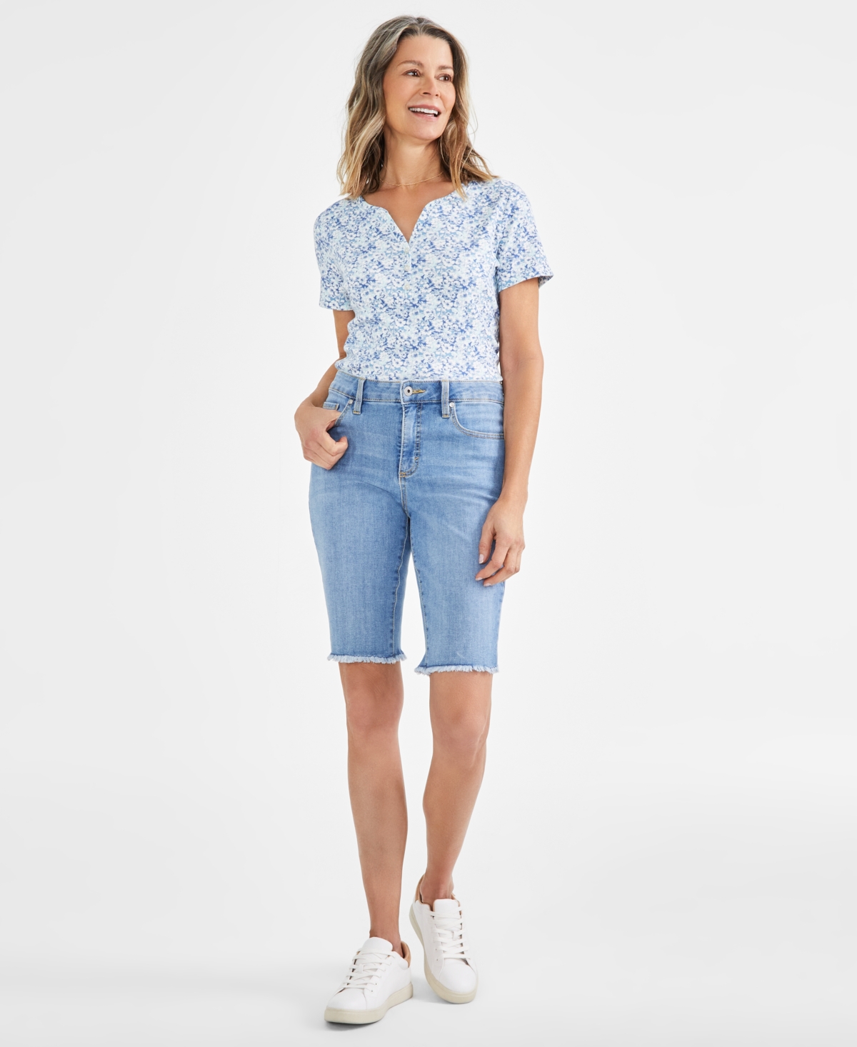 Shop Style & Co Women's Mid-rise Raw-edge Bermuda Jean Shorts, Created For Macy's In Isabel