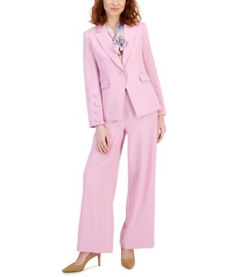 Tahari Asl Womens One Button Crepe Blazer Floral Print Tie Neck Sleeveless Top Wide Leg Crepe Pants In Pastel Multi